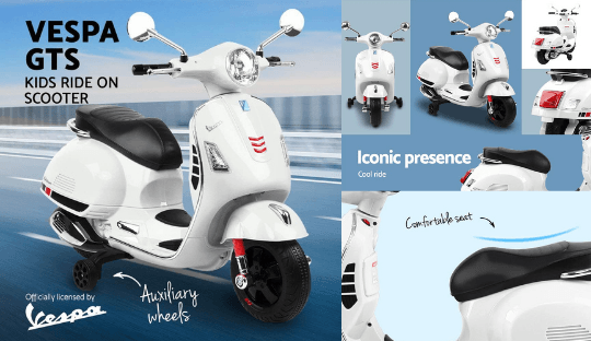 Vespa Licensed GTS 6V Ride On Motorbike - White - Aussie Baby