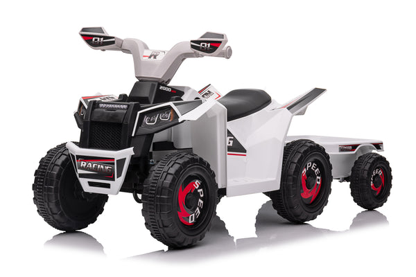 6V Kids Electric Ride On ATV Quad with Trailer - White