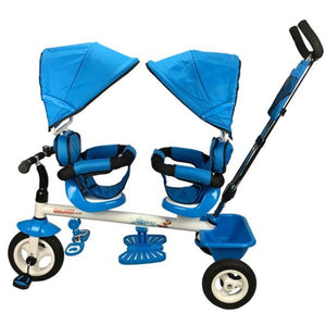 Kids Tandem Tricycle Double Seats Ride-On Trike With Parent Handle - Blue - Aussie Baby