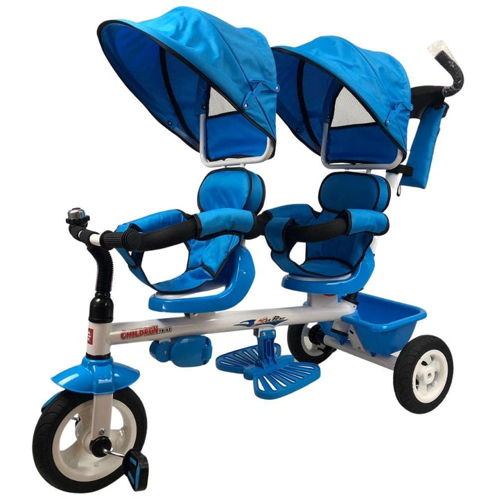 Kids Tandem Tricycle Double Seats Ride-On Trike With Parent Handle - Blue - Aussie Baby