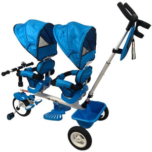 Kids Tandem Tricycle Double Seats Ride-On Trike With Parent Handle - Blue - Aussie Baby