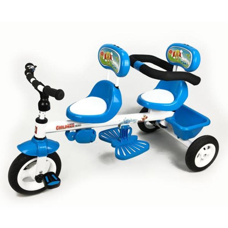 Kids Tandem Tricycle Double Seats Ride-On Trike With Parent Handle - Blue - Aussie Baby