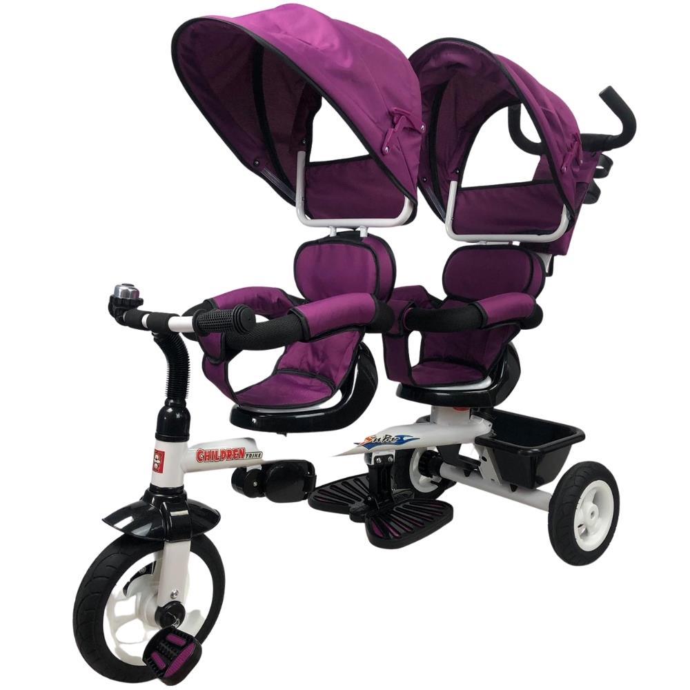 Kids Tandem Tricycle Double Seats Ride-On Trike With Parent Handle - Purple - Aussie Baby