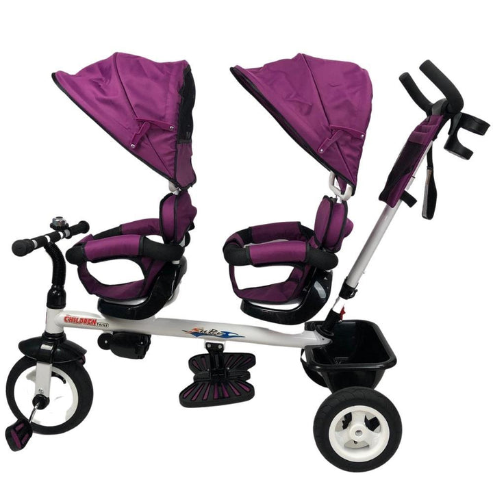Kids Tandem Tricycle Double Seats Ride-On Trike With Parent Handle - Purple - Aussie Baby