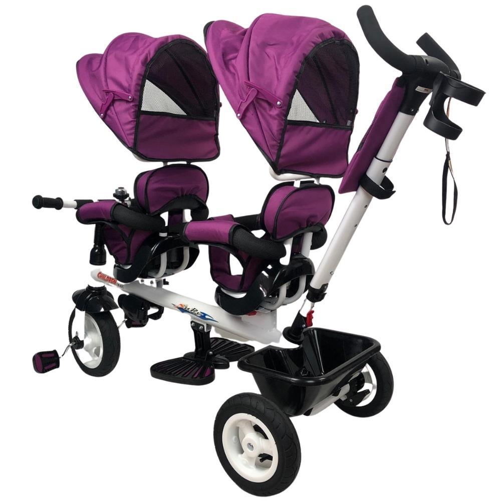 Kids Tandem Tricycle Double Seats Ride-On Trike With Parent Handle - Purple - Aussie Baby