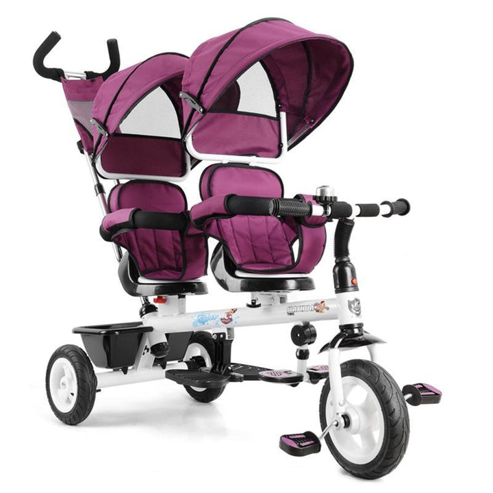 Kids Tandem Tricycle Double Seats Ride-On Trike With Parent Handle - Purple - Aussie Baby