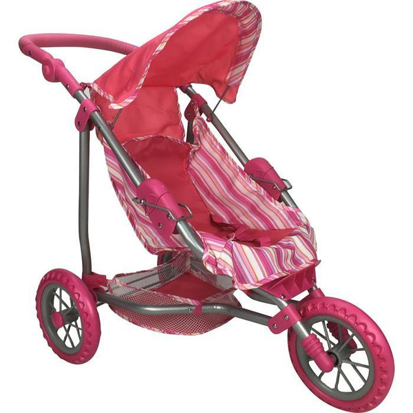 Girls Three Wheel Doll Stroller - Pink Stripe - Aussie Baby