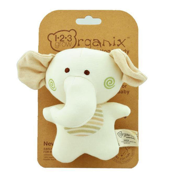 123 Grow Organix Cotton Buddy Squeaky Rattle - Elephant - Aussie Baby