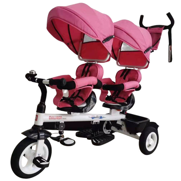 Kids Tandem Tricycle Double Seats Ride-On Trike With Parent Handle - Pink - Aussie Baby
