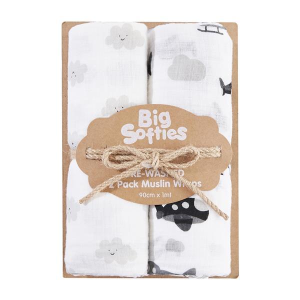 Big Softies Pre-Washed 2 pack Muslin Wraps - Cloud - Aussie Baby