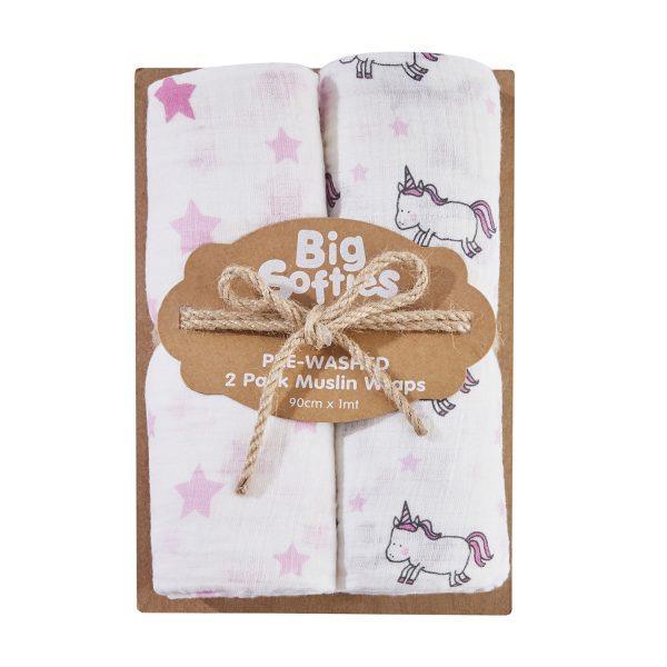 Big Softies Pre-Washed 2 pack Muslin Wraps - Unicorn - Aussie Baby
