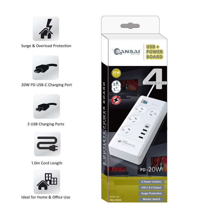 Sansai 4 Sockets USB-A/USB-C Powerboard - Aussie Baby