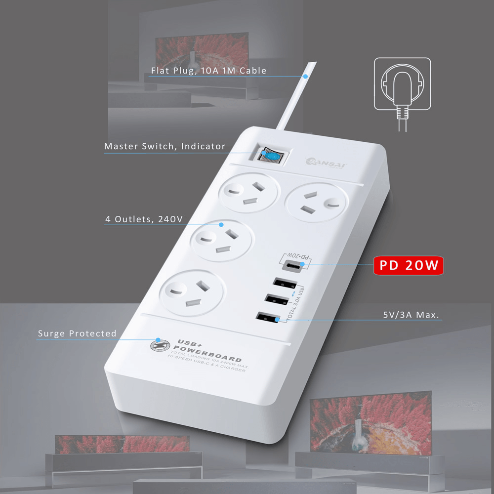 Sansai 4 Sockets USB-A/USB-C Powerboard - Aussie Baby