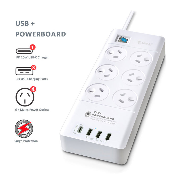 Sansai 6 Sockets USB-A/USB-C Powerboard - Aussie Baby