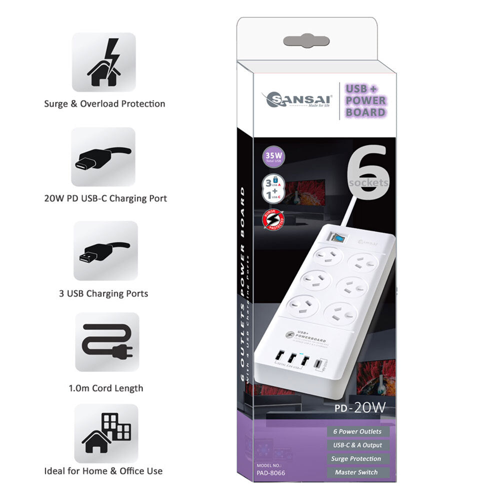 Sansai 6 Sockets USB-A/USB-C Powerboard - Aussie Baby
