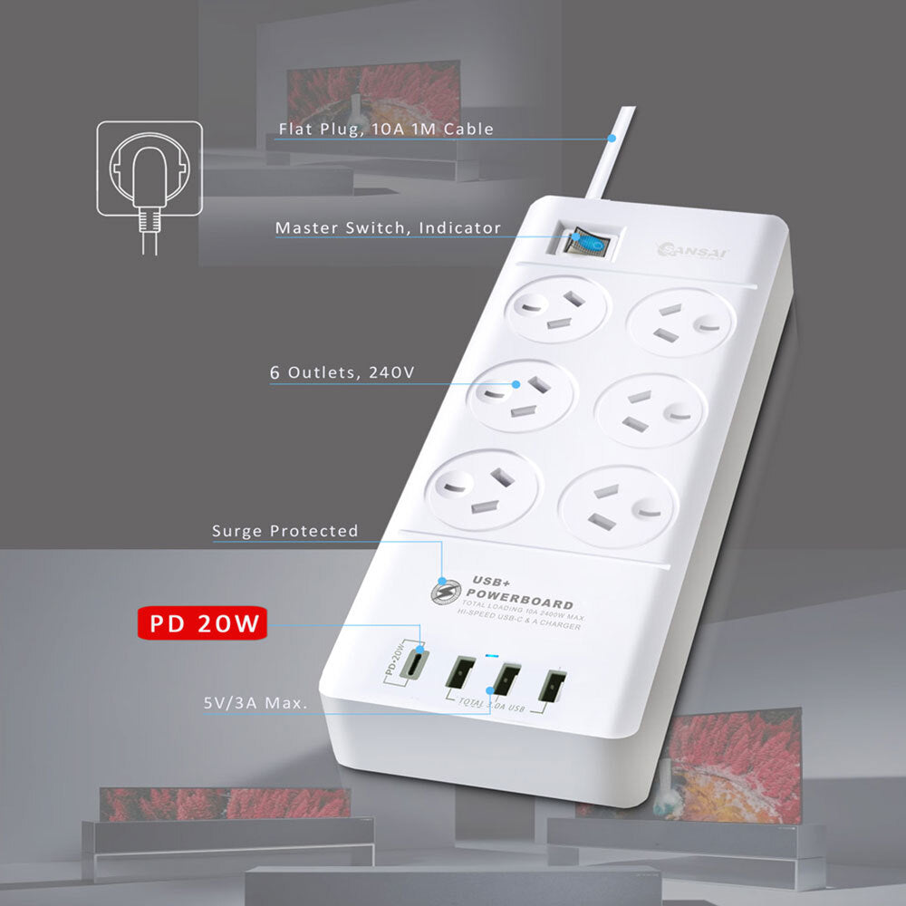 Sansai 6 Sockets USB-A/USB-C Powerboard - Aussie Baby