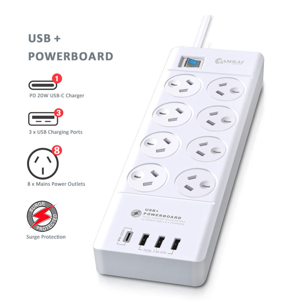 Sansai 8 Sockets USB-A/USB-C Powerboard - Aussie Baby