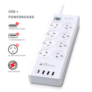 Sansai 8 Sockets USB-A/USB-C Powerboard - Aussie Baby