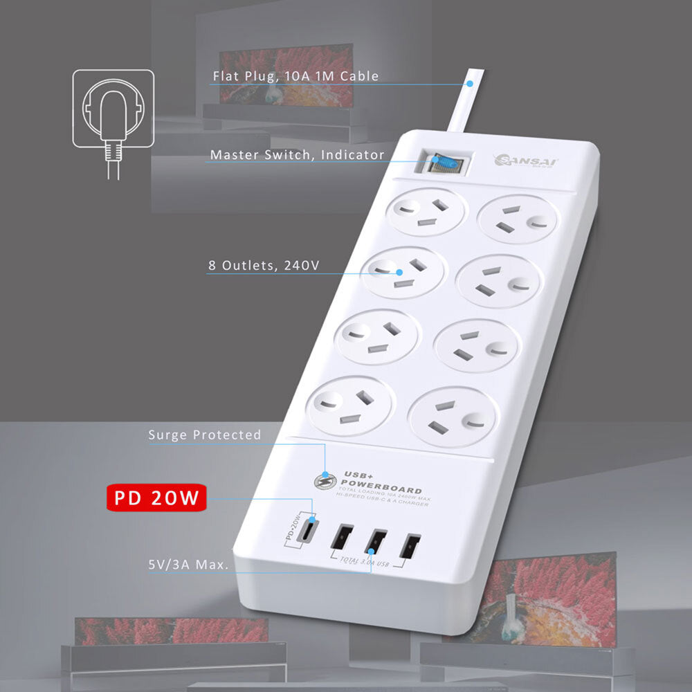 Sansai 8 Sockets USB-A/USB-C Powerboard - Aussie Baby