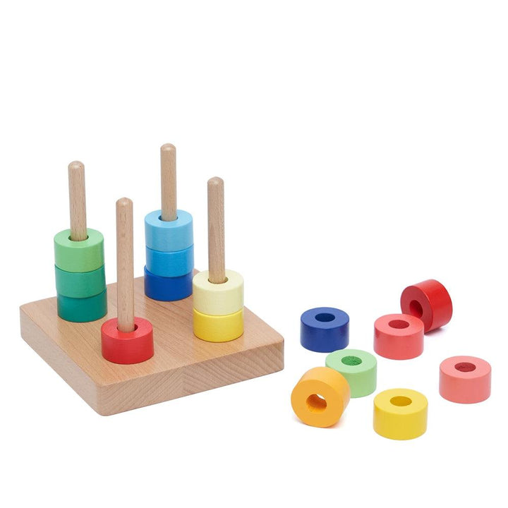 Sort And Stack Puzzle Shaded Wooden Rainbow Discs on Four Vertical Rods - Montessori Toys - Aussie Baby
