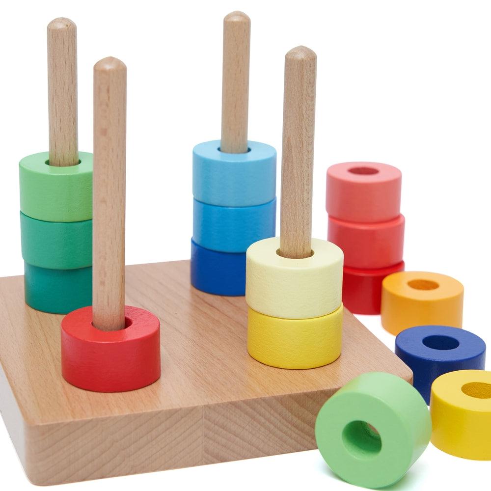 Sort And Stack Puzzle Shaded Wooden Rainbow Discs on Four Vertical Rods - Montessori Toys - Aussie Baby